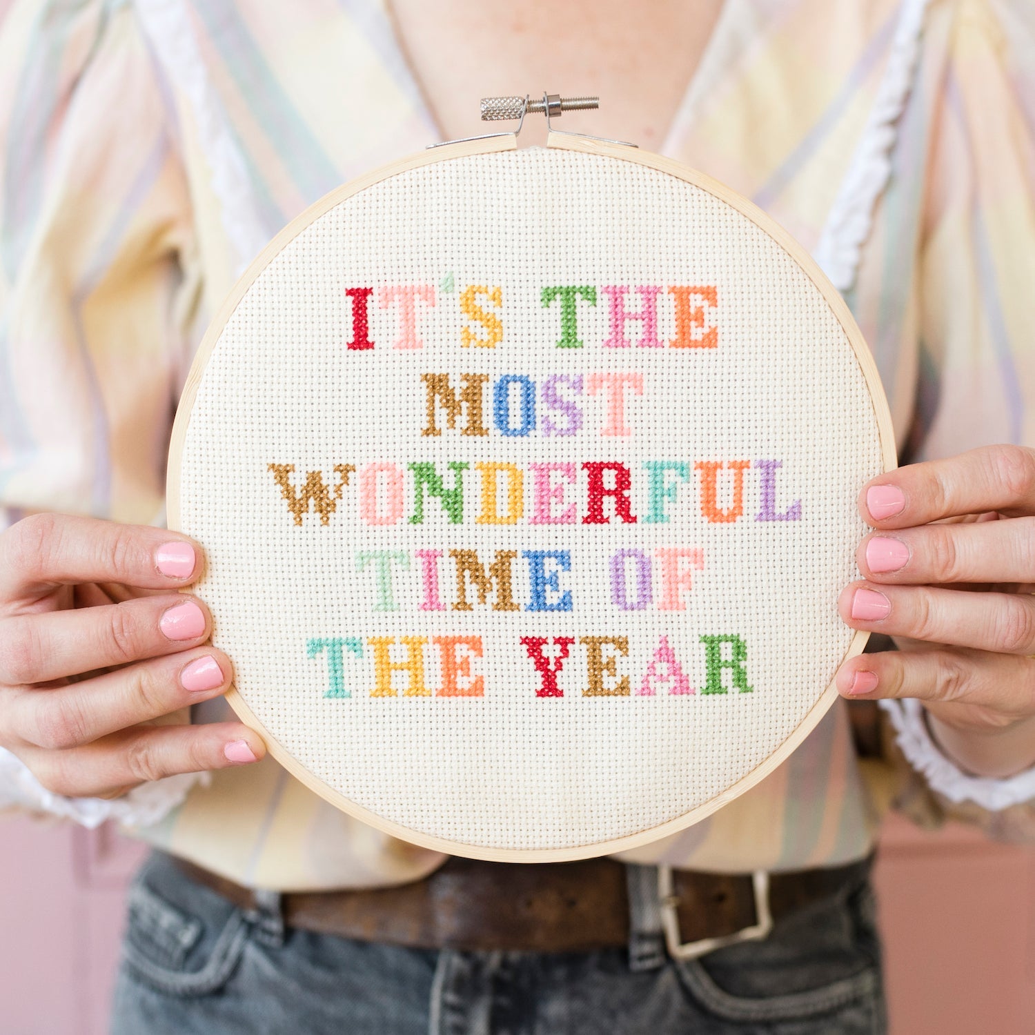 Most Wonderful Time of the Year Cross Stitch in hands