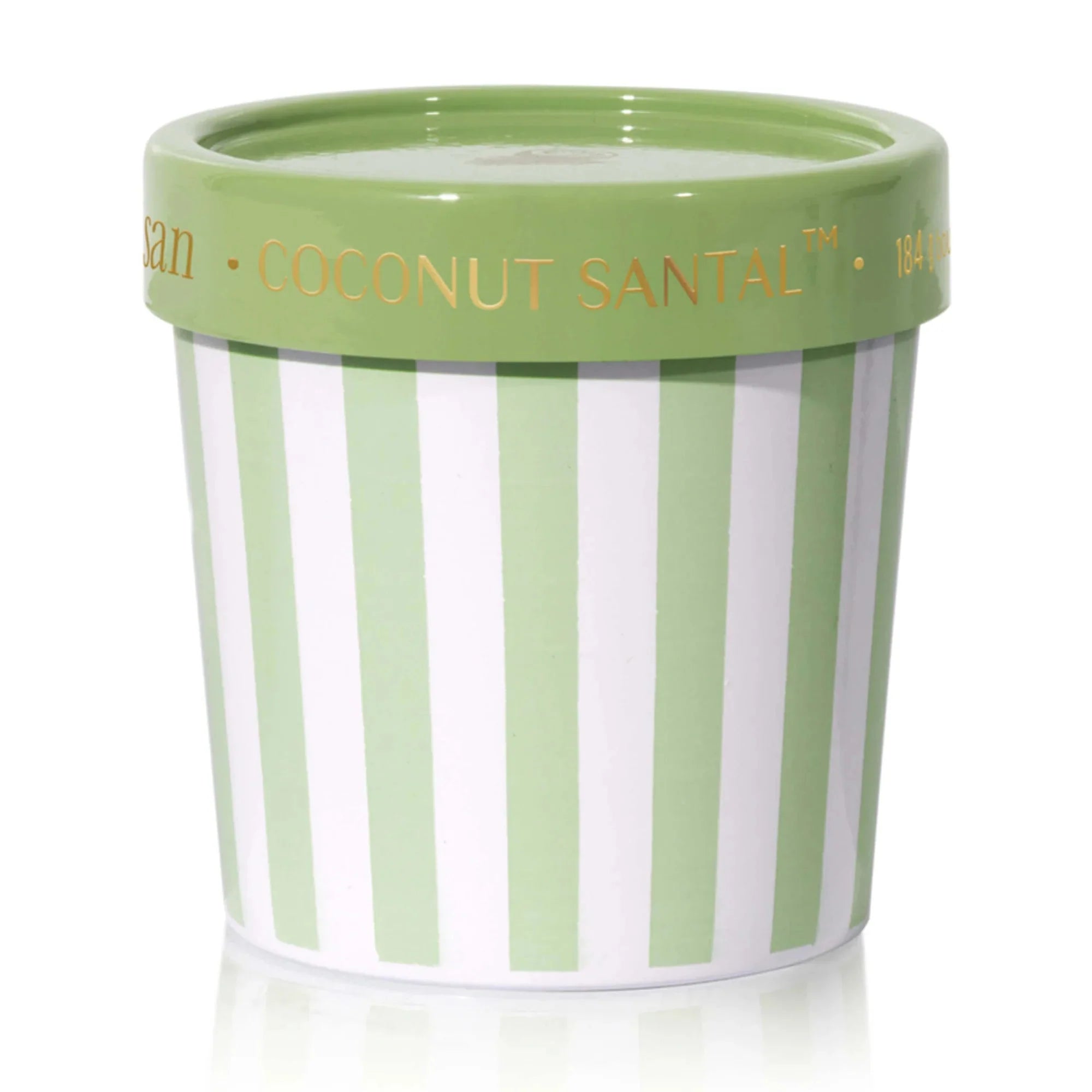 Green and white striped container with 'Coconut Santal' text on a white background