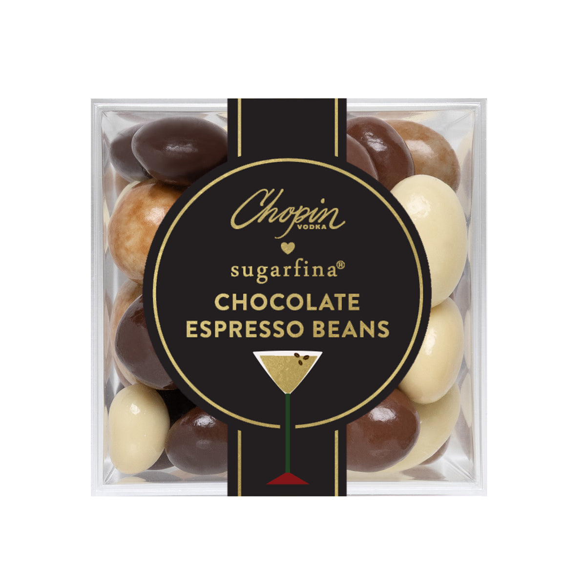 A clear square plastic box of Chopin Vodka sugarfina Chocolate Espresso Beans, featuring a black and gold label in the center showing the brand name and a martini glass graphic.