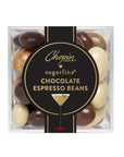 A clear square plastic box of Chopin Vodka sugarfina Chocolate Espresso Beans, featuring a black and gold label in the center showing the brand name and a martini glass graphic.