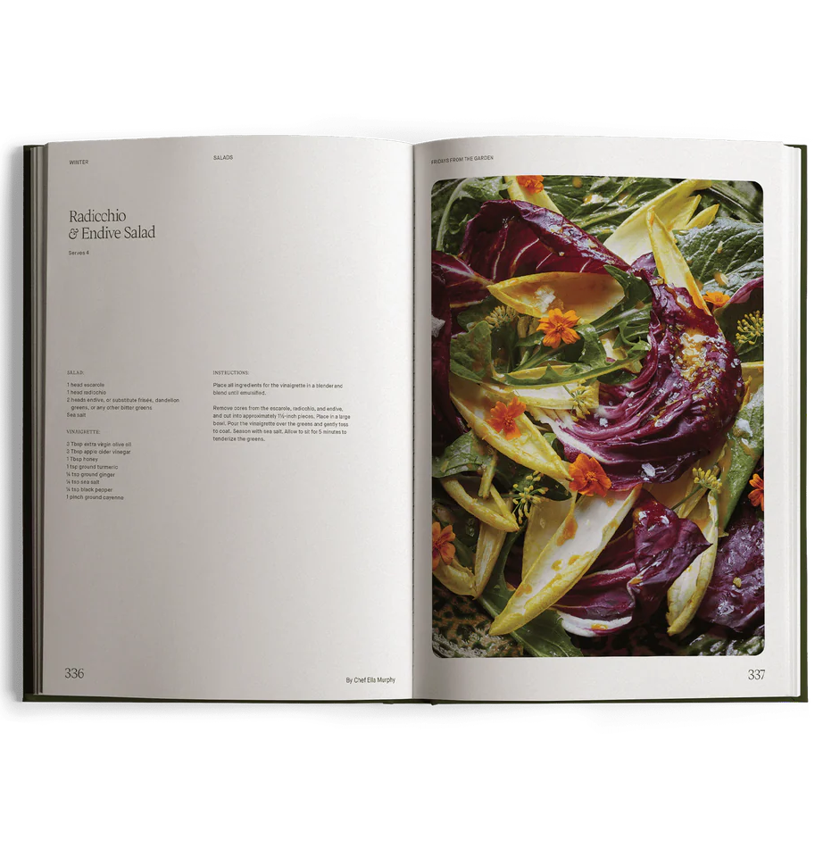 Open book showing a recipe for a salad with text on the left page.