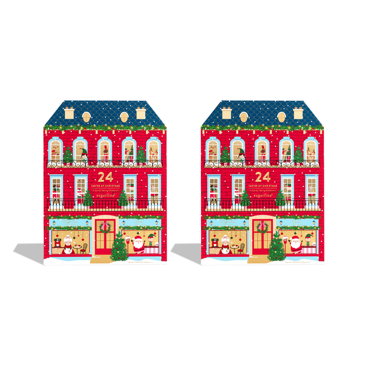 Two identical red holiday house-shaped advent calendars with Christmas decorations, windows, snow, and the number 24, shown on a white background.