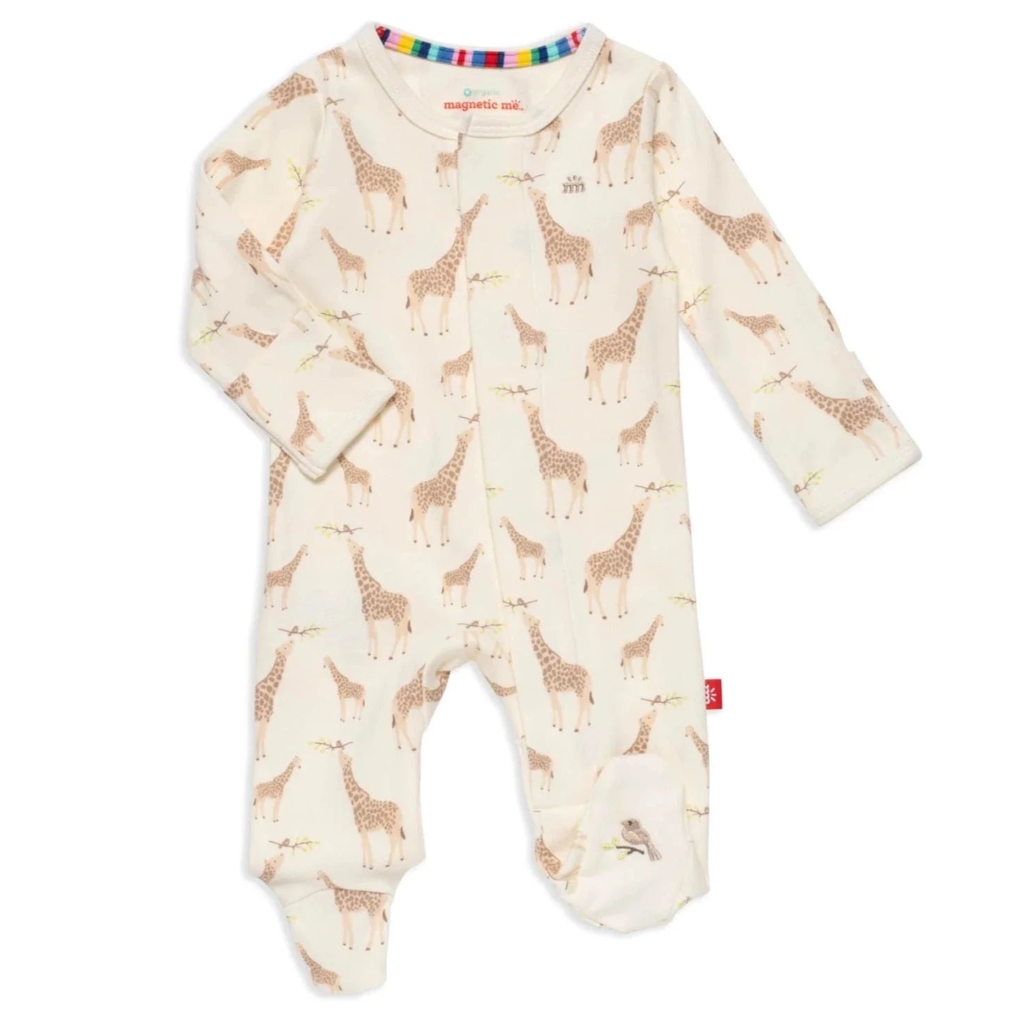 Cream long sleeve baby onesie with giraffes on it