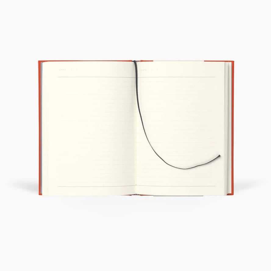 notebook spread open showing white lined paged with bookmark
