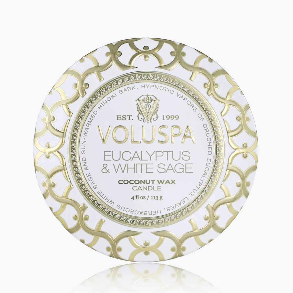 Voluspa candle tin with decorative pattern on a white background