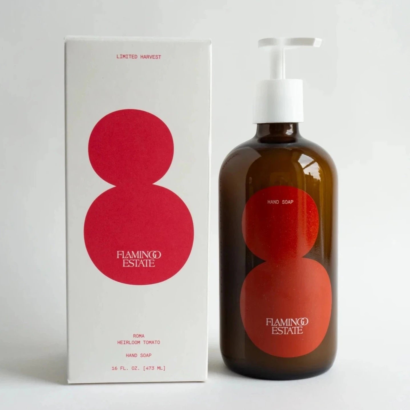 Roma Heirloom Tomato Hand Soap next to red & white packaging