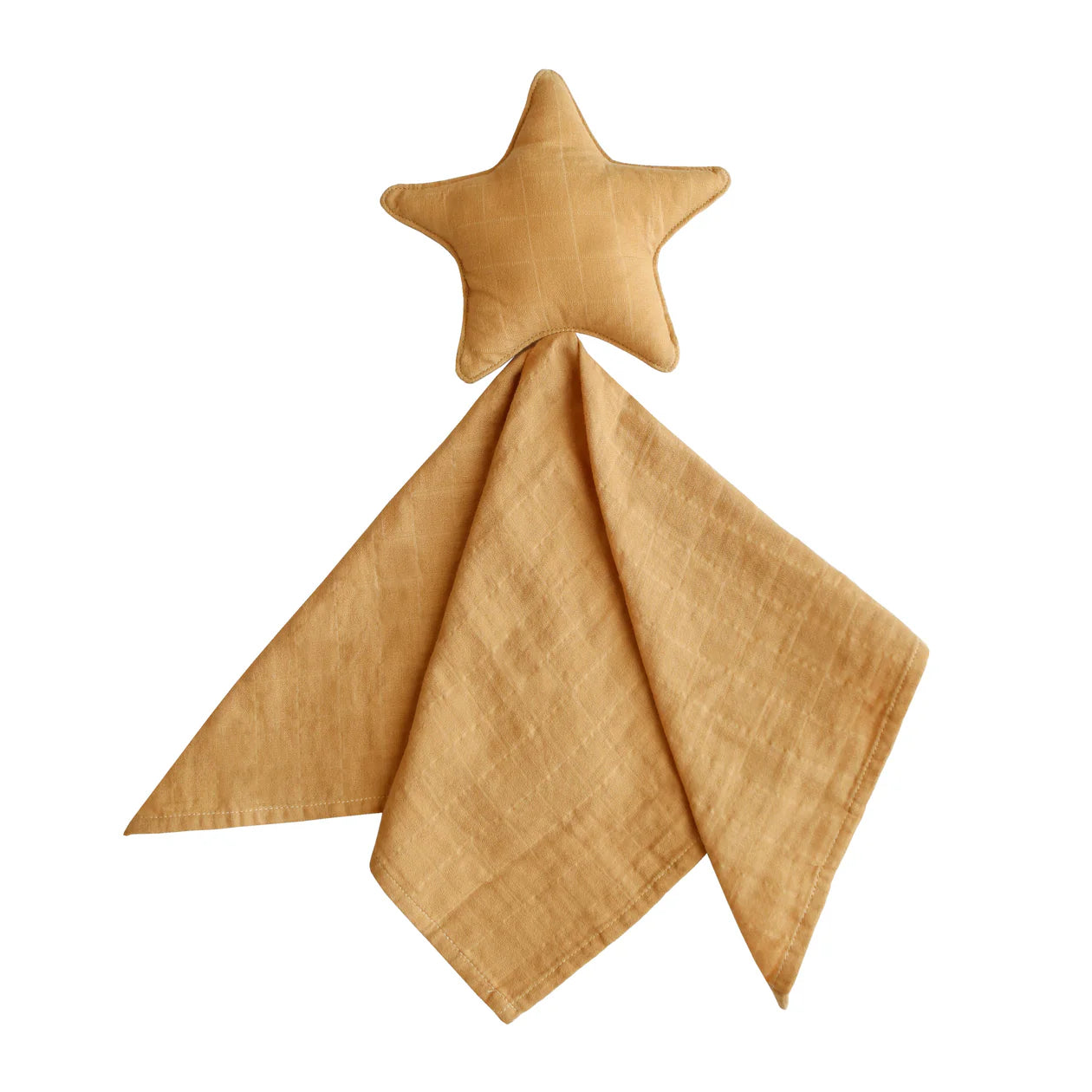 A standalone close-up of the yellow star lovey blanket, showcasing the soft muslin fabric attached to the star-shaped plush. The minimalist design and warm yellow tone make it ideal for providing comfort to babies.