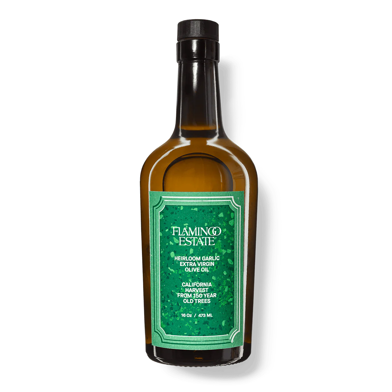 Bottle of Flamingo Estate olive oil with a green label on a white background