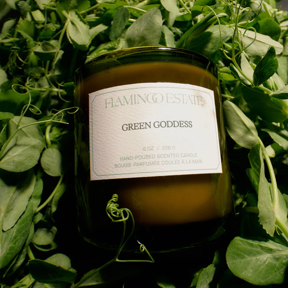 Candle labeled 'Green Goddess' from Flamingo Estate on a bed of green leaves.