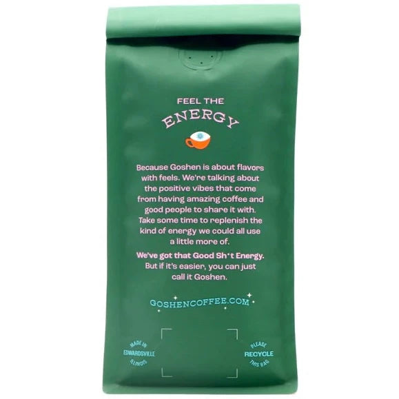back of green coffee bag with pink text
