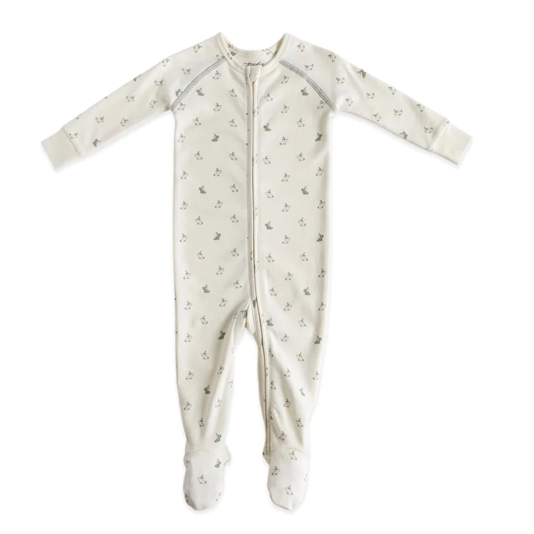 white footsie pajamas for Abbies with grey tiny printed bunny all over the pajama. Pajama has grey stitching hear the armpits