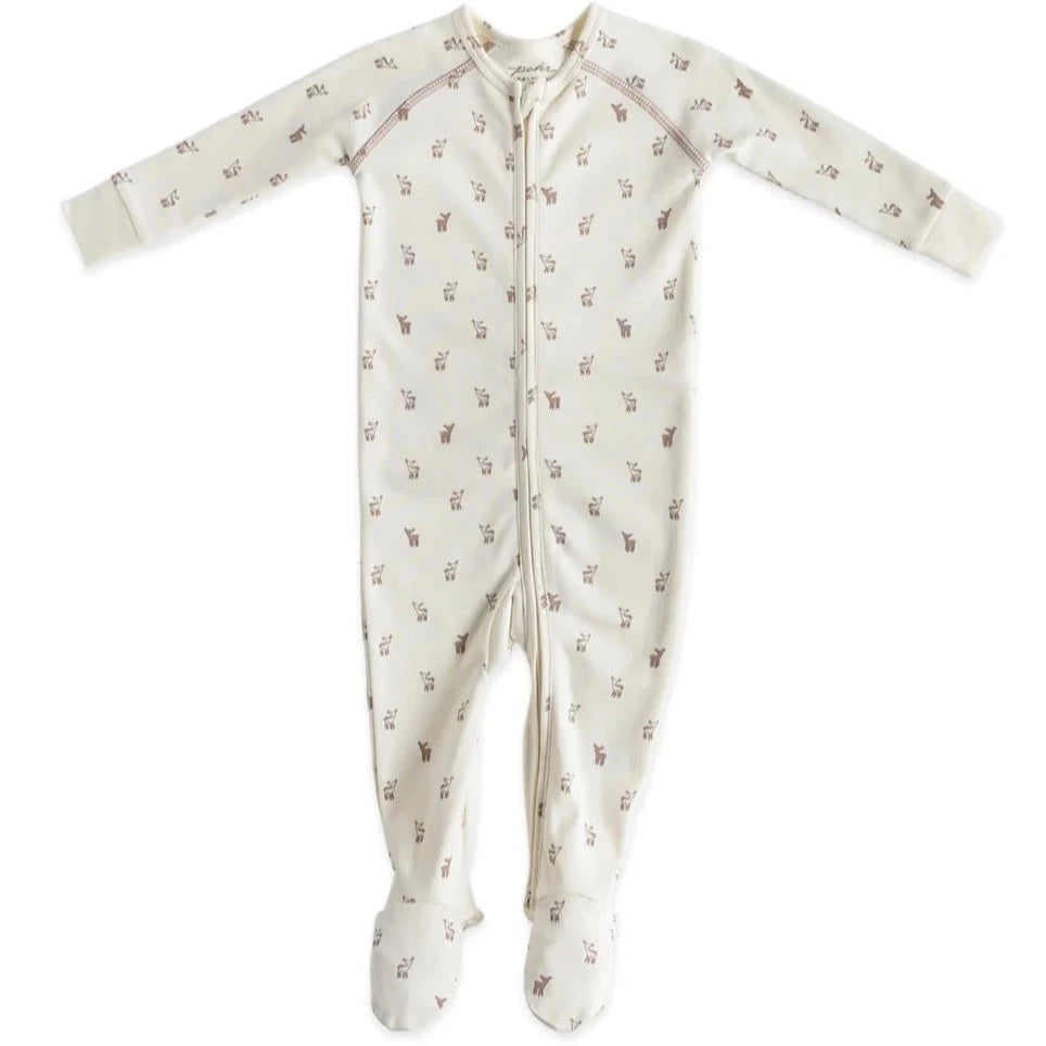 cream footsie pajama for babies. Pajama has brown little fawns printed throughout it. Has brown stitching near the armpits and a zipper running through the middle