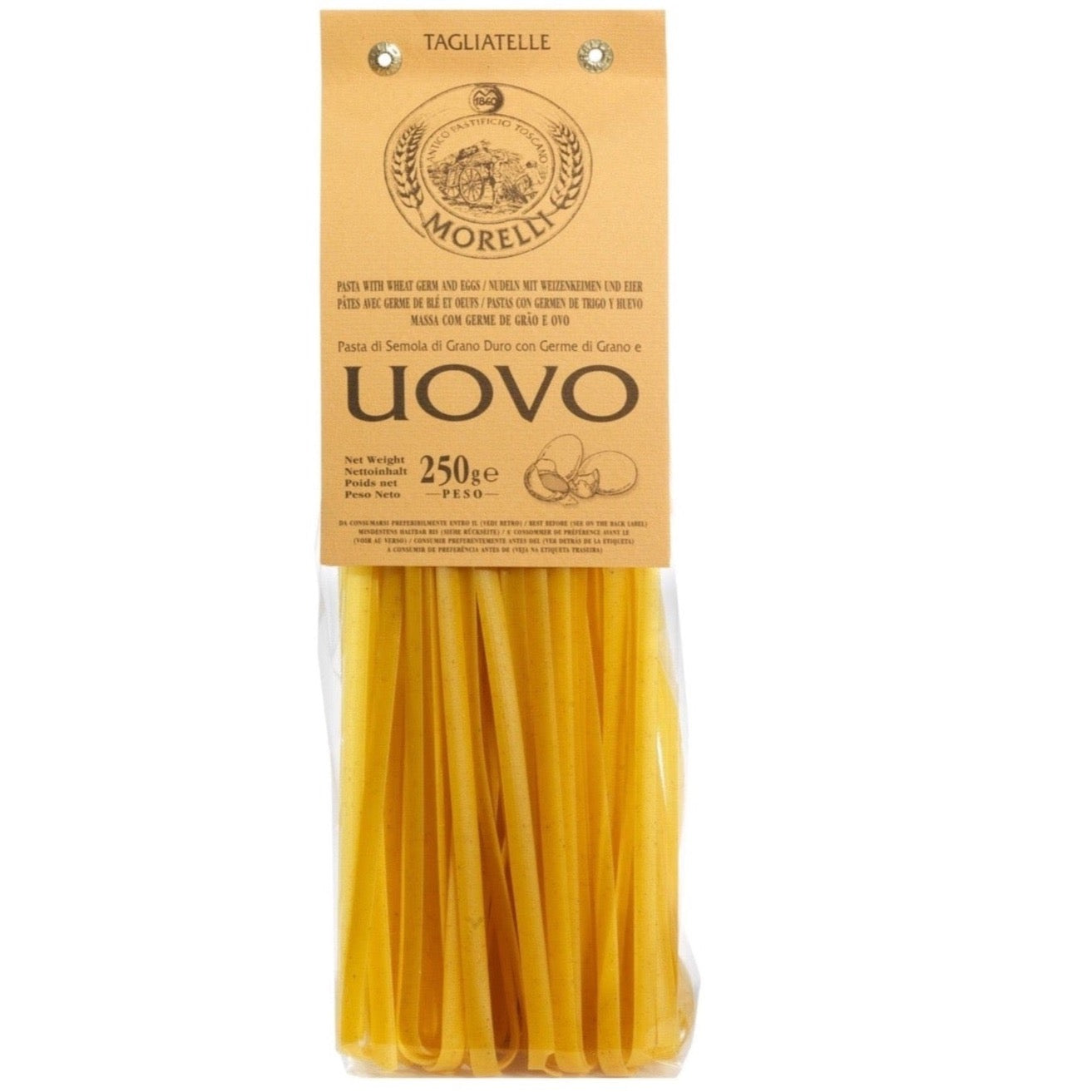 pasta in clear bag. bag has brown label at the top