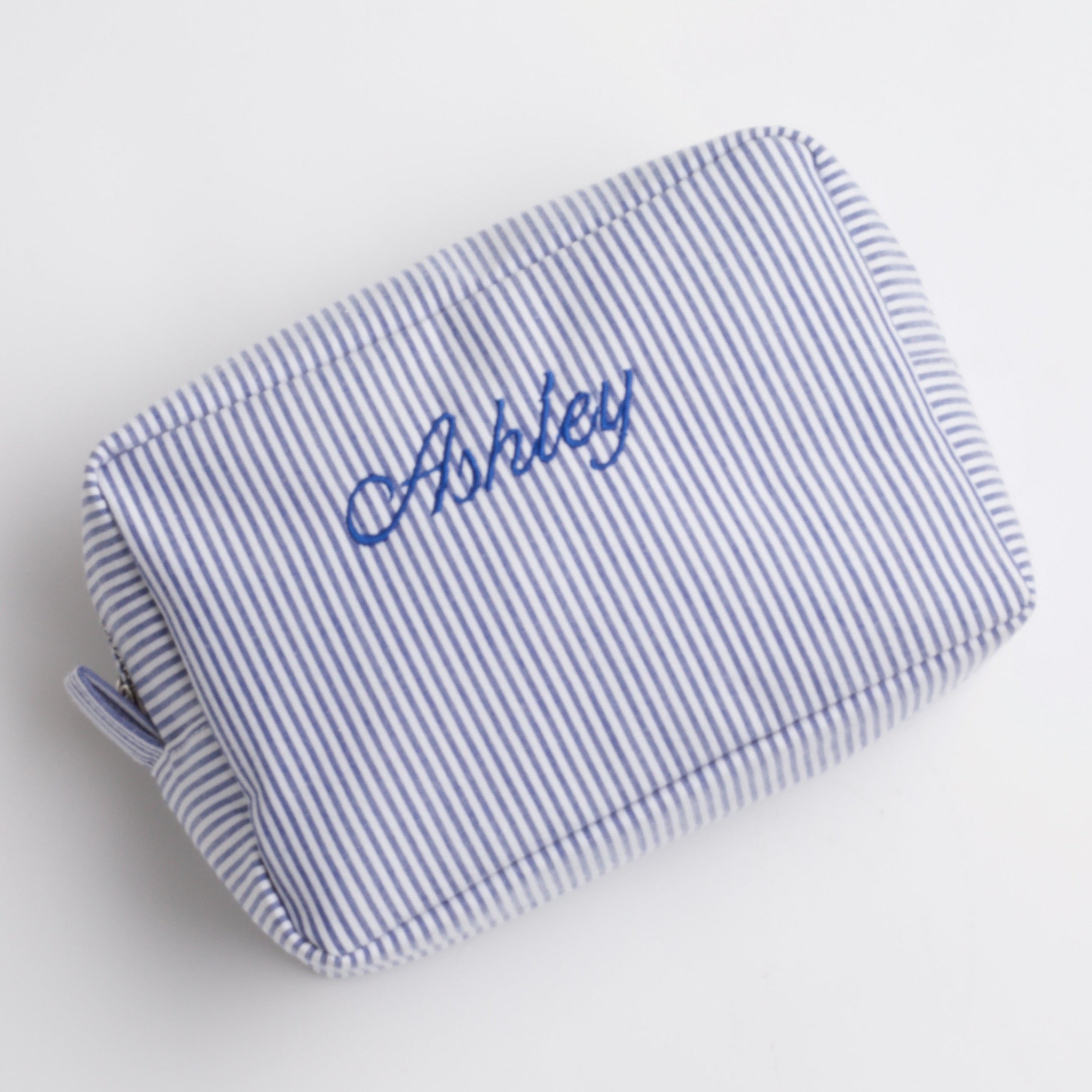 navy striped bag with blue embroidered Ashley on it