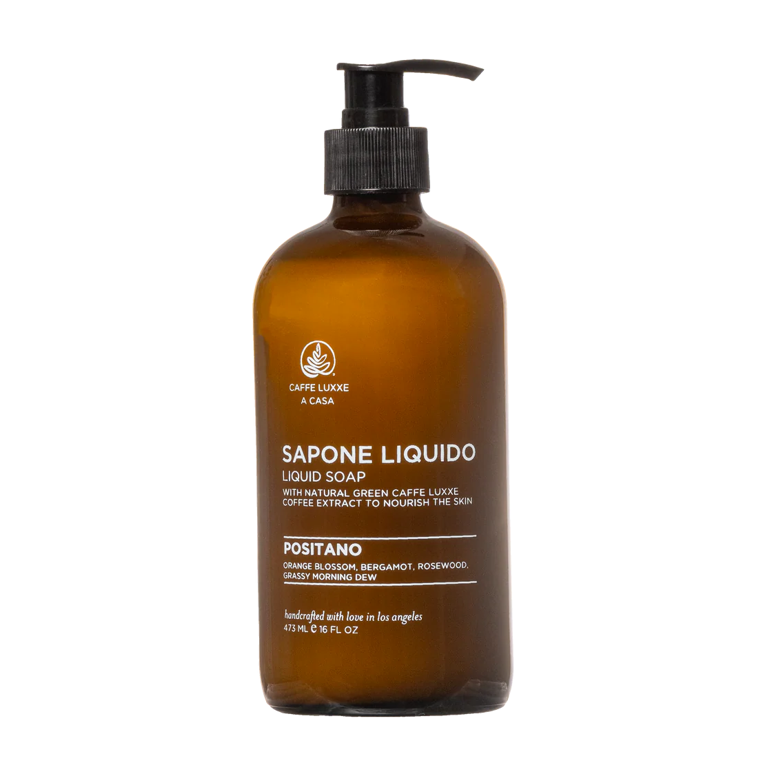 Brown liquid soap bottle with pump on a white background