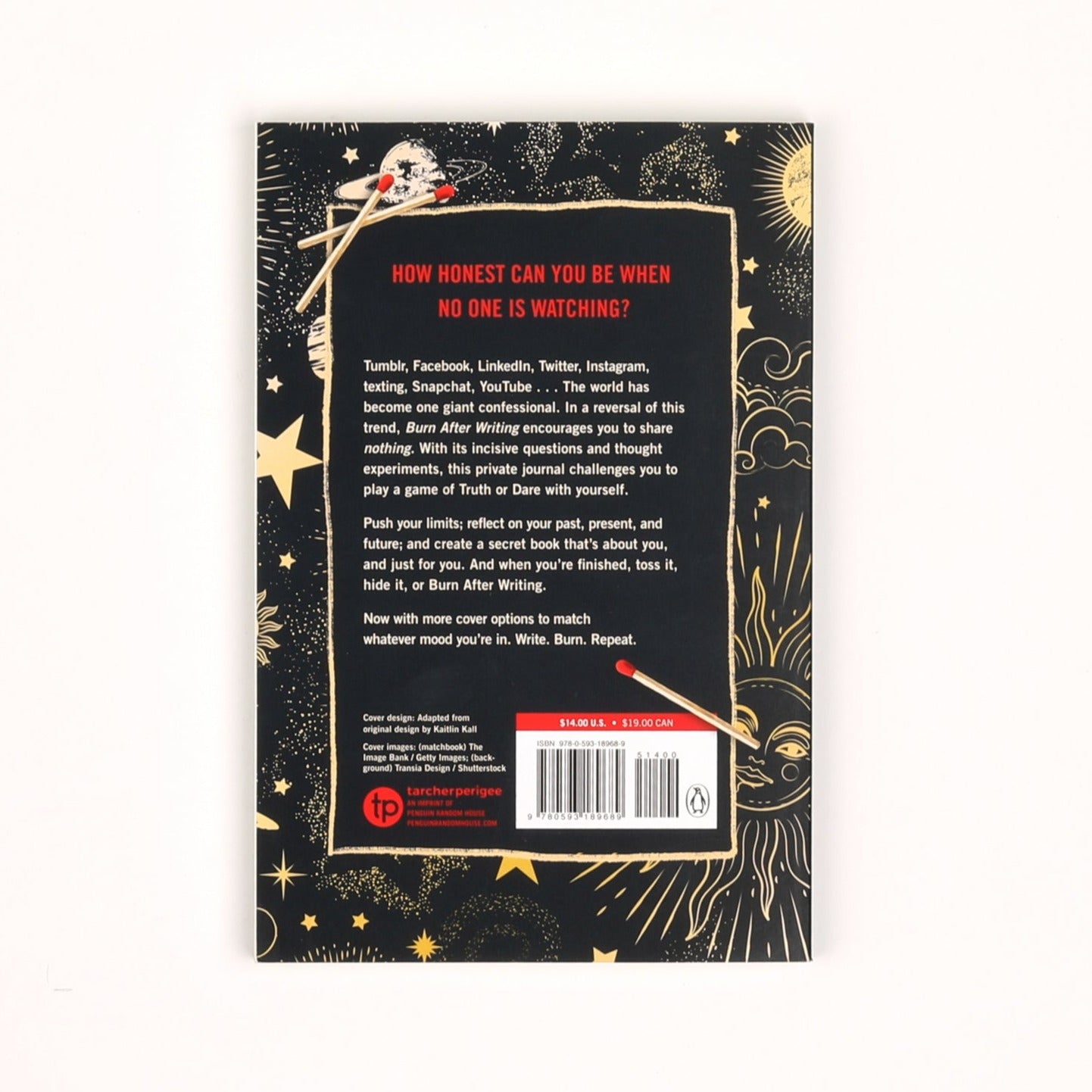 Back cover of Burn After Writing (Celestial) photographed on white background.