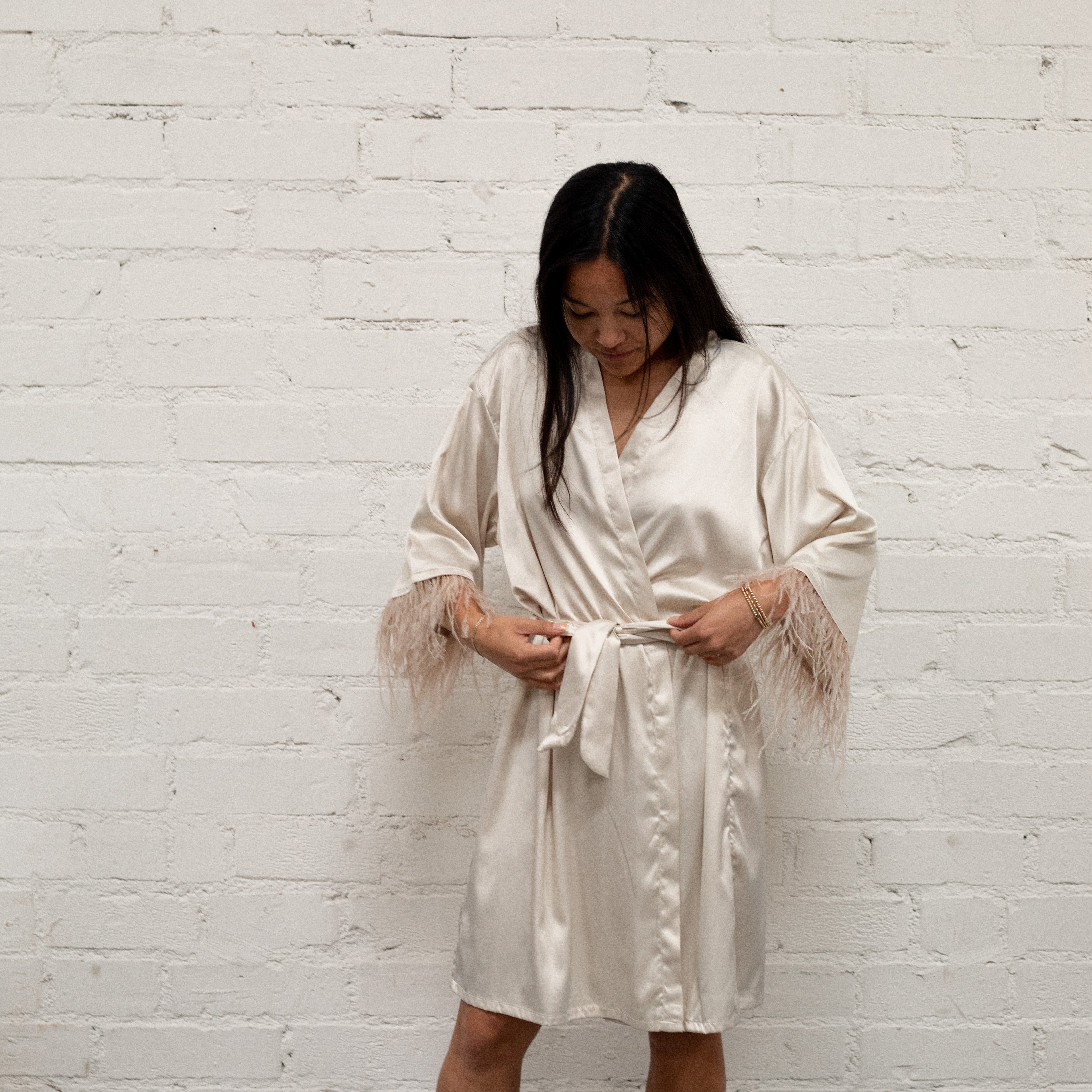 Champagne Satin Feather Robe