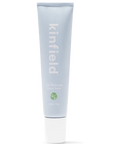 A light blue squeeze tube with white cap and white text reading, "kinfield Lip Rescue Repair Balm". Photographed on white background.