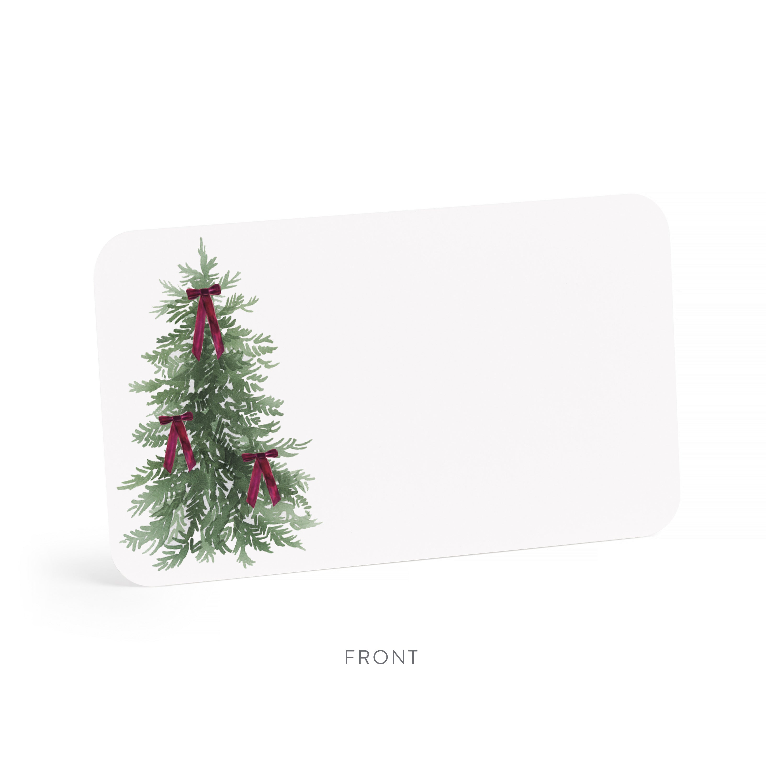 Card with a Christmas tree design and red ribbons on a white background