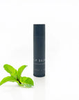 Lip balm container with a mint leaf on a white background