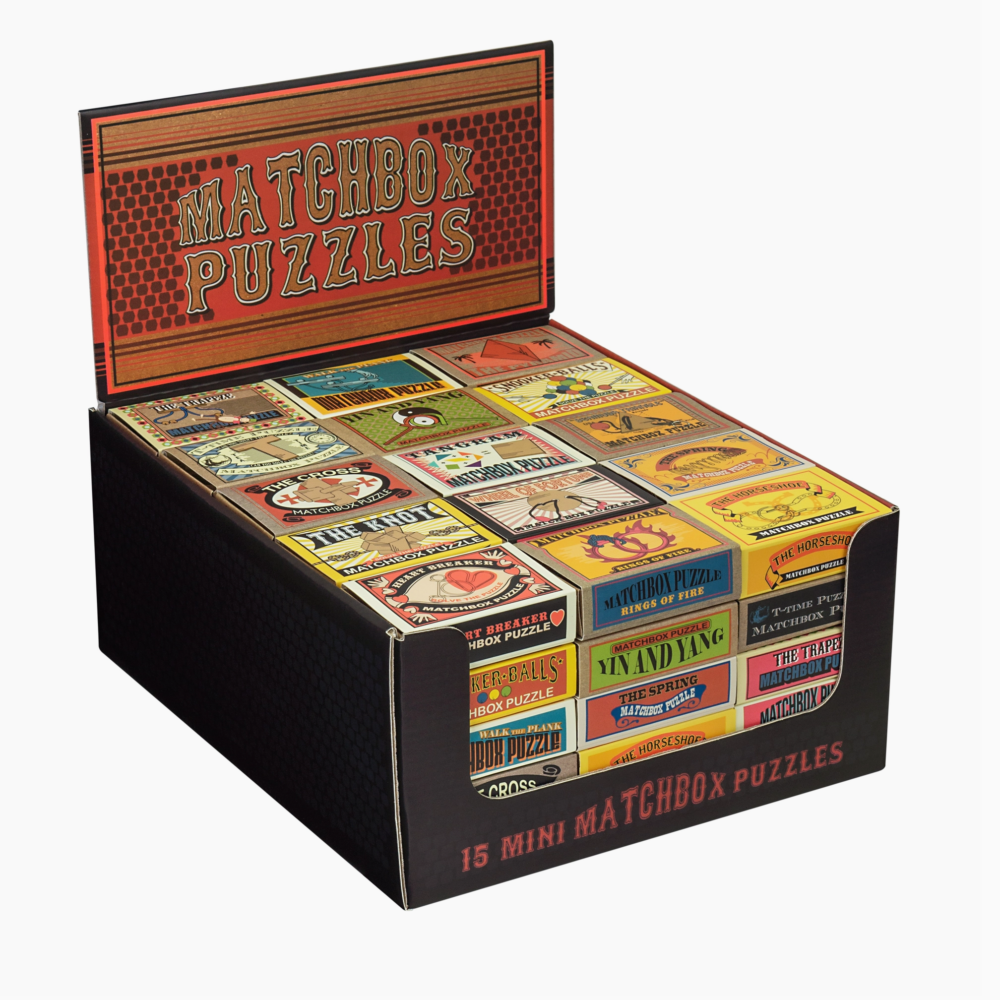 Box of Matchbox Puzzles with various puzzle designs on a white background