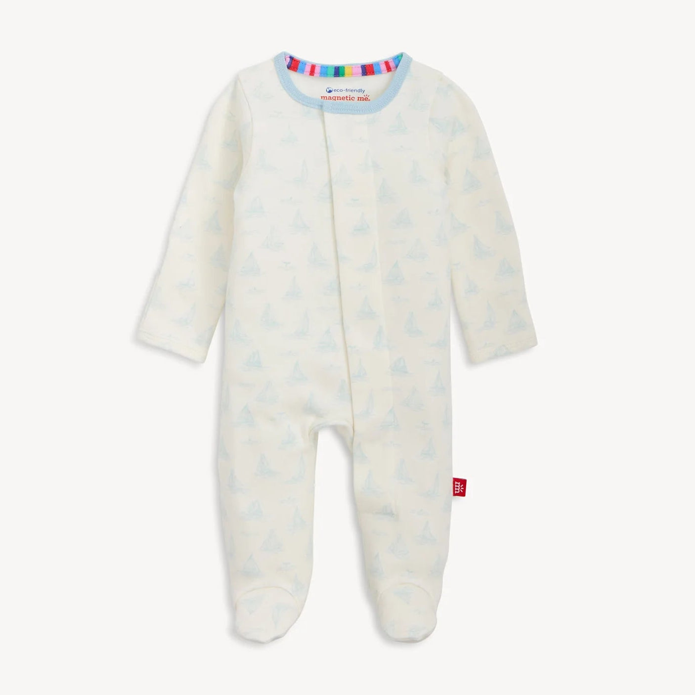 Baby onesie with colorful trim on a white background