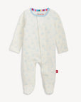 Baby onesie with colorful trim on a white background