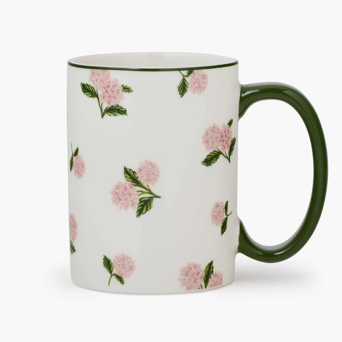 Pink hydrangea mug on a white background