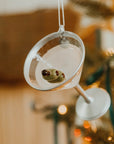 Martini Glass Ornament in Front of Tree