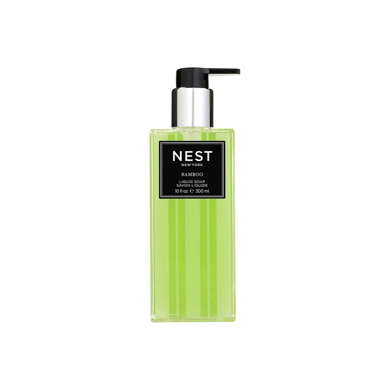 green liquid soap in sleek rectangular bottle with black pump