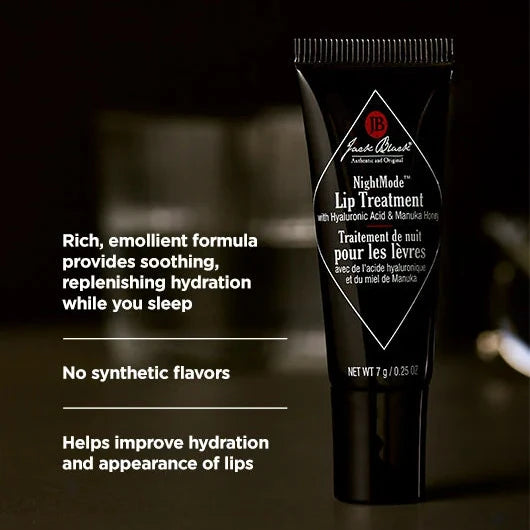  Black tube of "Jack Black NightMode Lip Treatment" with text details highlighting its benefits: "Rich, emollient formula provides soothing, replenishing hydration while you sleep," "No synthetic flavors," and "Helps improve hydration and appearance of lips."