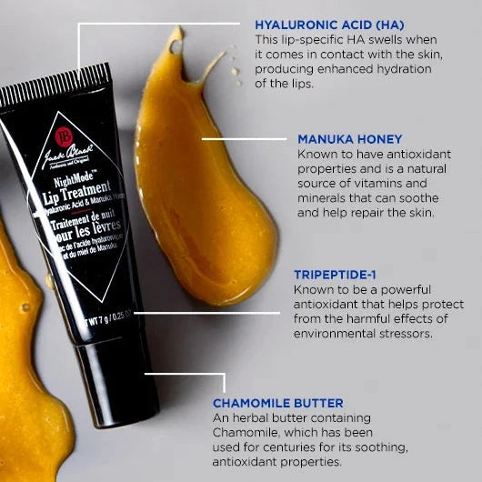  Black tube of "Jack Black NightMode Lip Treatment" displayed with golden product swatches, each labeled with ingredients: "Hyaluronic Acid (HA)" for hydration, "Manuka Honey" for antioxidants, "Tripeptide-1" for environmental protection, and "Chamomile Butter" for soothing.

