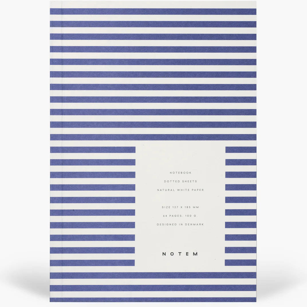 Notebook with blue and white horizontal stripes on a white background