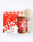 BOXFOX creme gift box packed with "Slice" Pizza book, wood pizza cutter, Ciao Pappy Marinara sauce, Pizza herbs jar and plaid red Geometry tea towel.