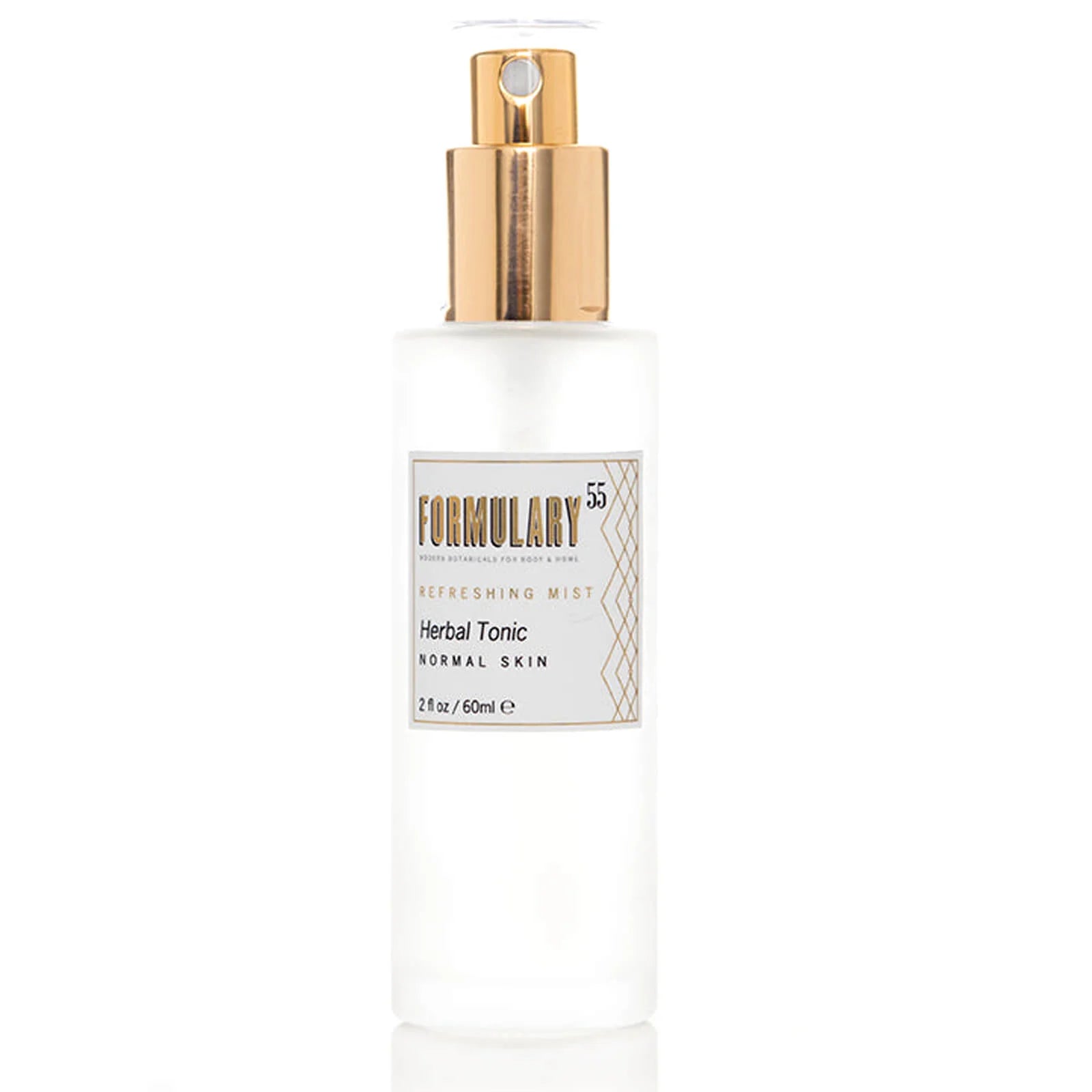 A frosted glass bottle of Formulary Herbal Tonic for Normal Skin with a metallic gold pump dispenser and a white label, set against a plain white background.