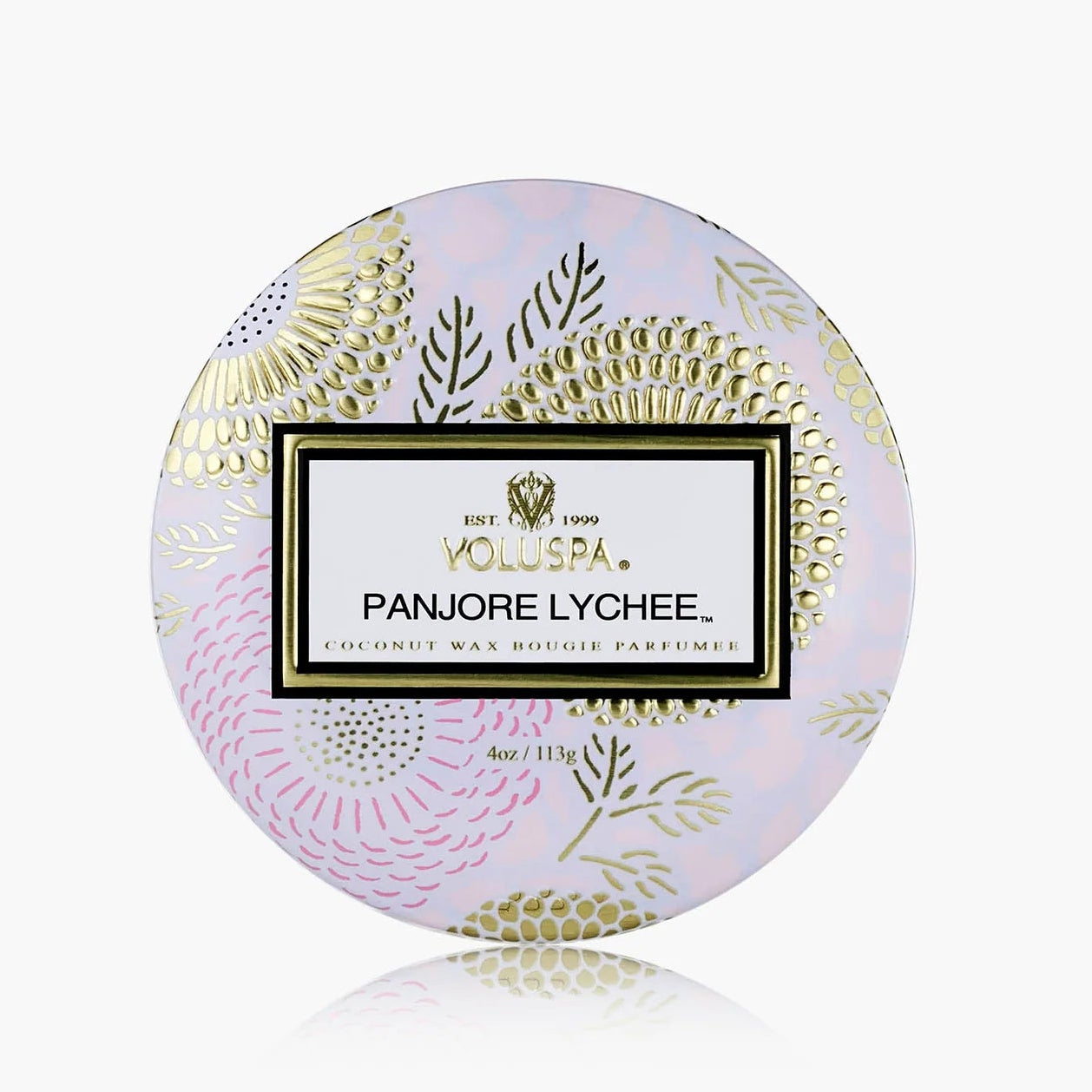 Round scented candle packaging with floral design and Mouska branding on a white background