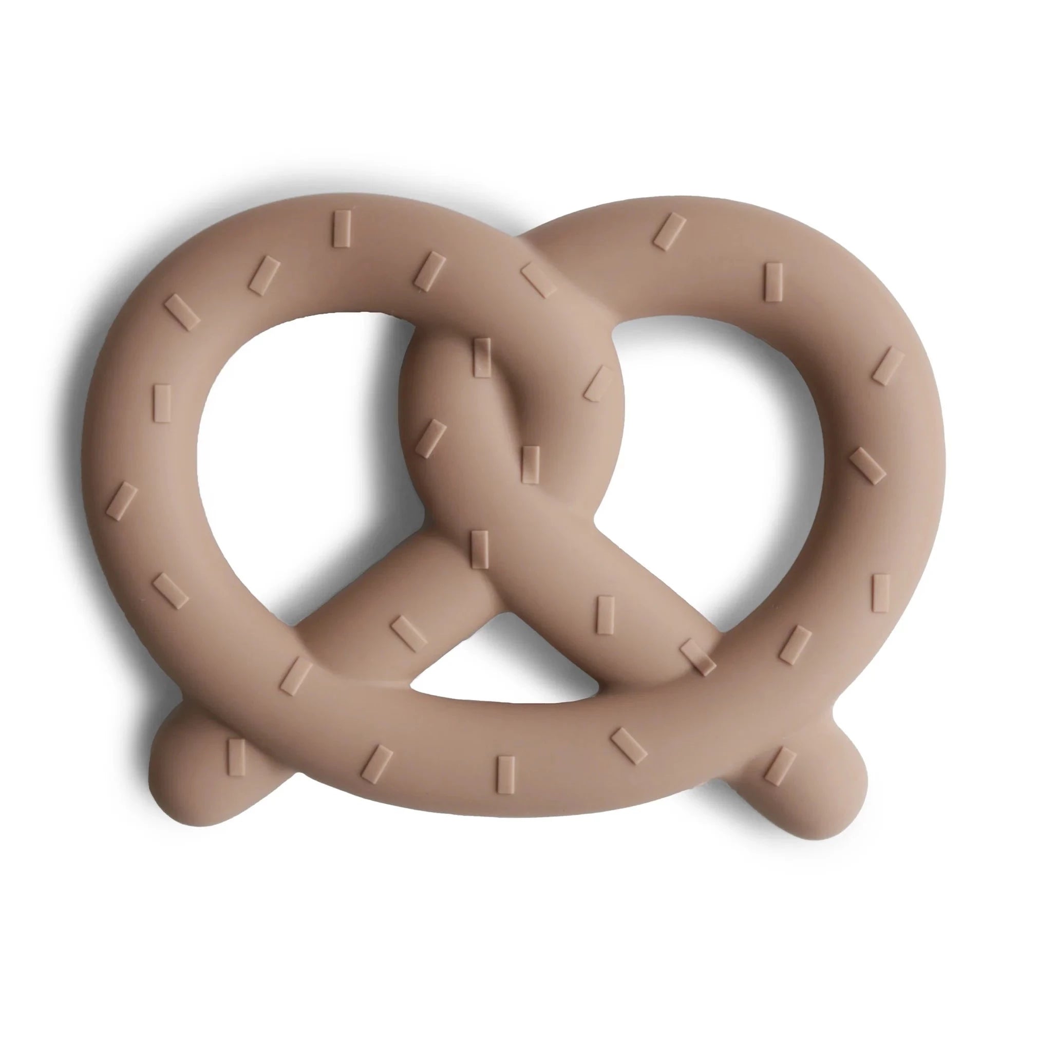 Brown pretzel shaped teether with salt specks embossed into it