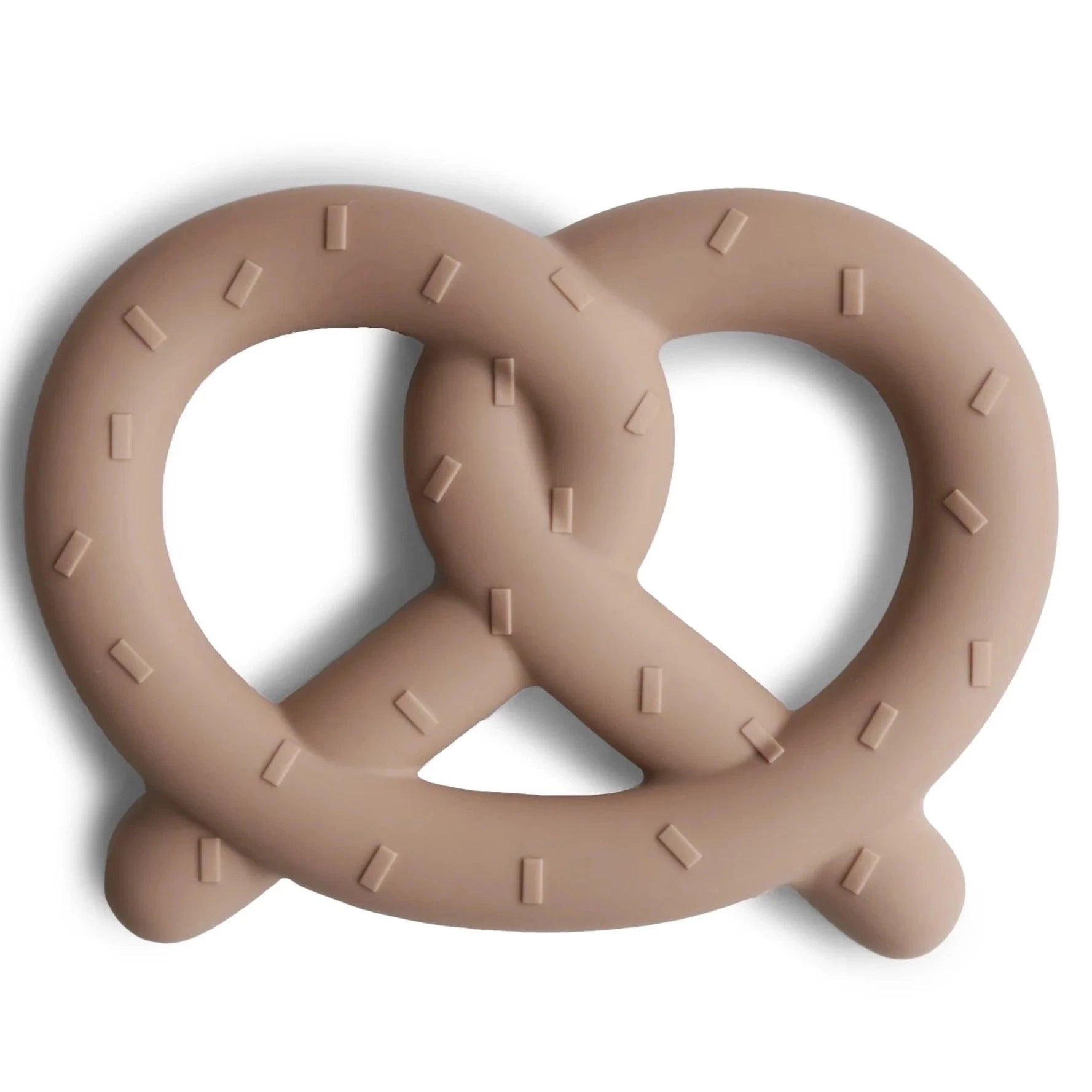 Brown pretzel shaped teether with salt specks embossed into it