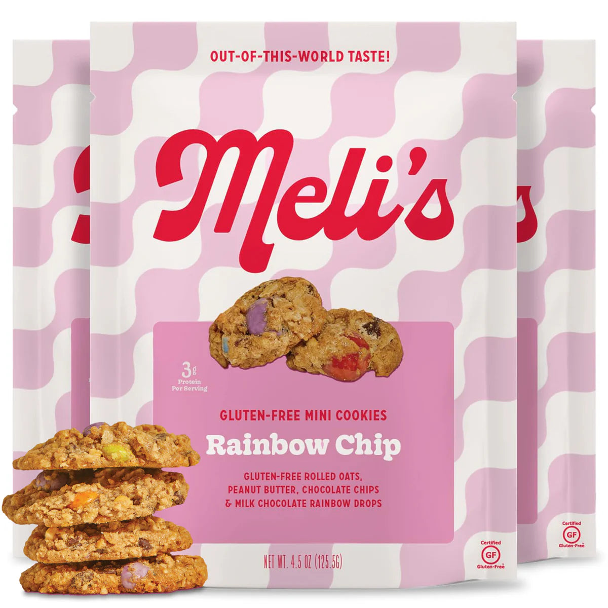 Packaging of Meli's gluten-free mini cookies with pink and white design