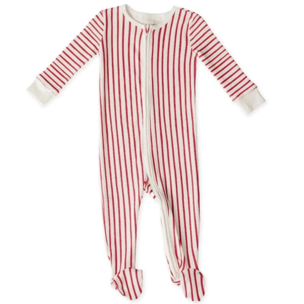 Red vertically striped baby footsie pajama. Pajama is white with a zipper running through the middle
