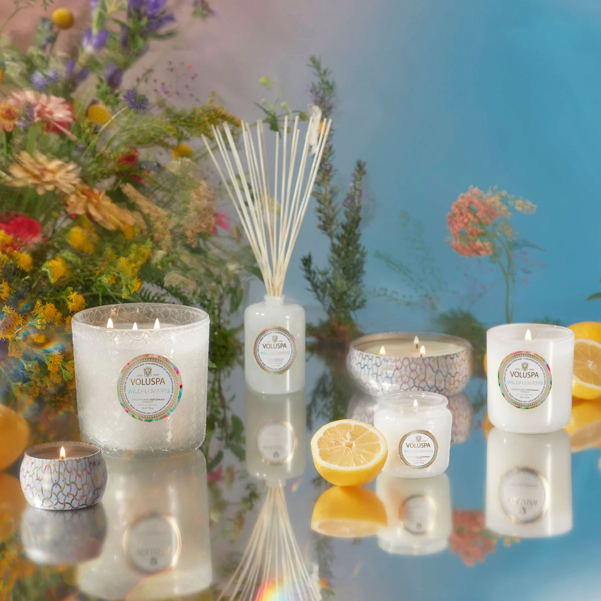 Wildflower Candle collection with floral background