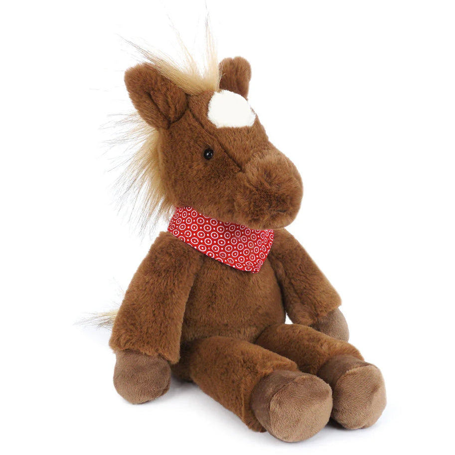 Brown plush horse toy with a red bandana on a white background