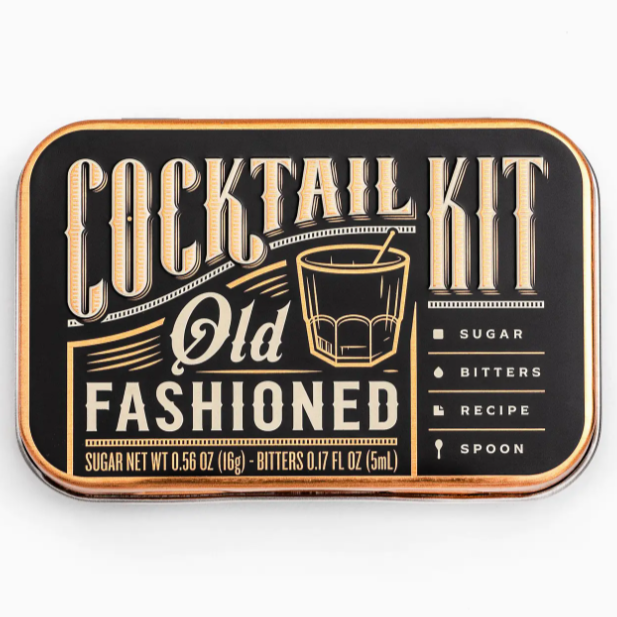 Cocktail kit that is the flavor of old fashioned with the ingredients sugar and bitters with the recipe and spoon