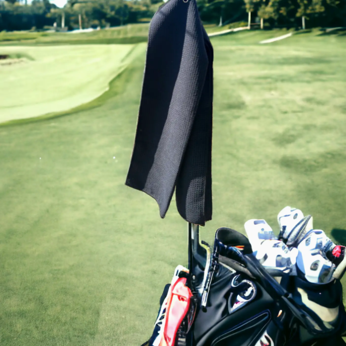 The product is shown hanging on golf clubs on a golf course