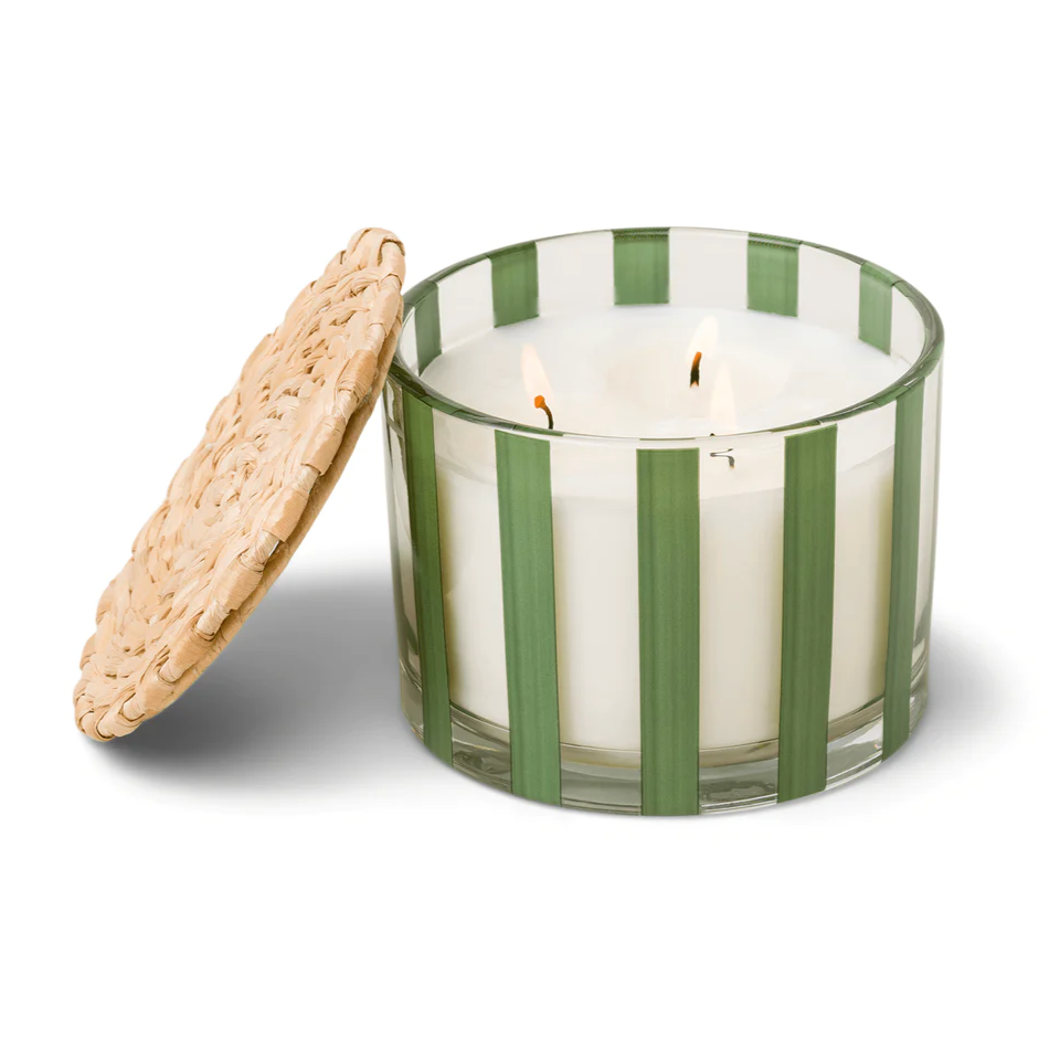 Green stripe candle with rattan coaster lid