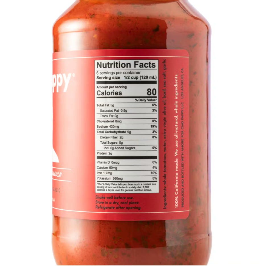 Side of pasta jar with nutrition facts