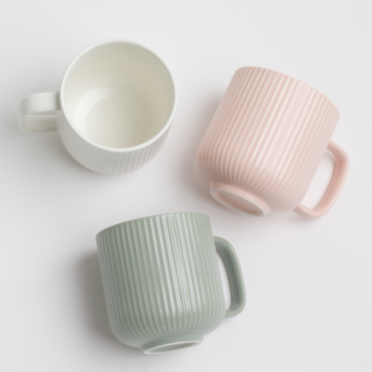 3 Ribbed Mugs: White, Baby Pink, & Sage Green