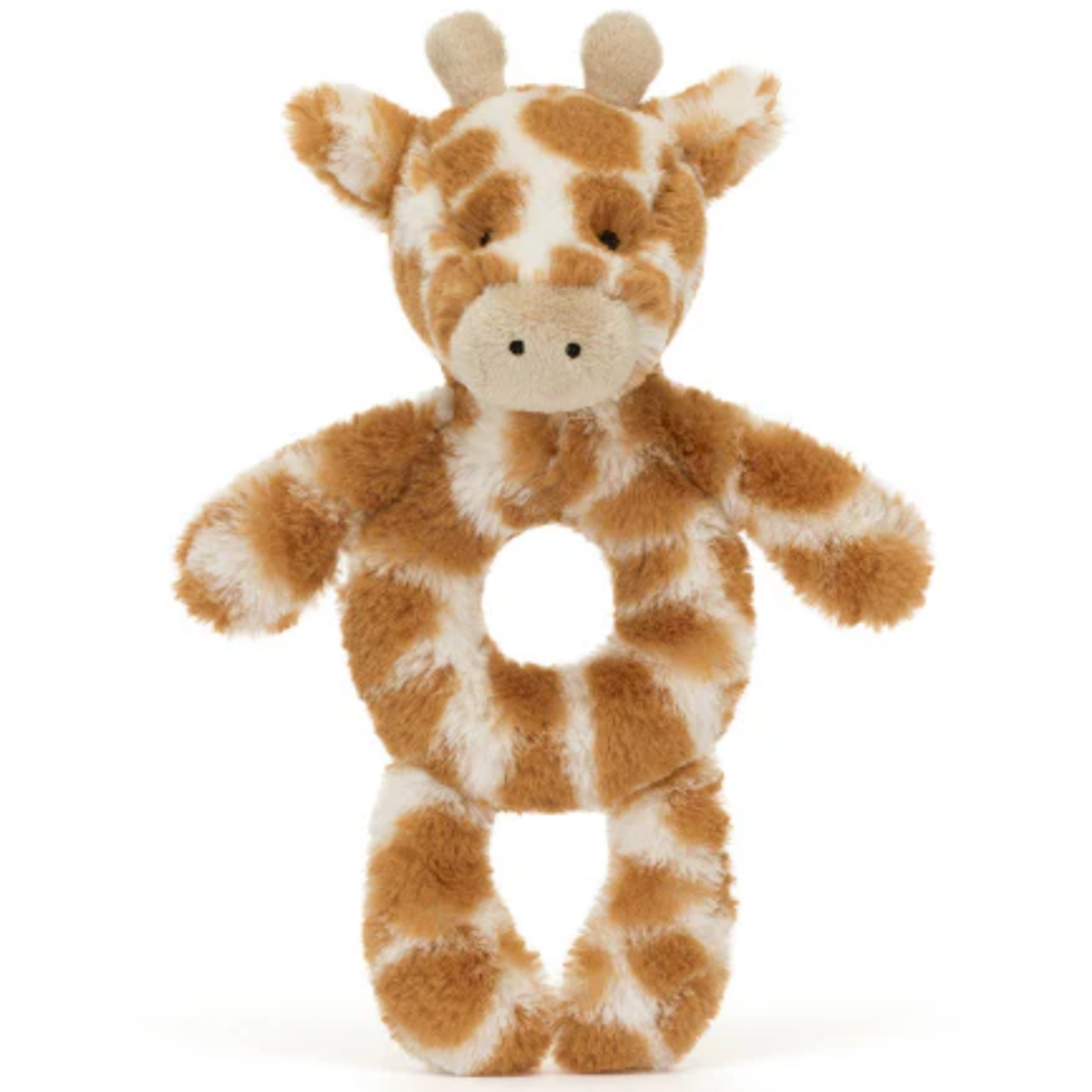 A giraffe ring rattle on a white background