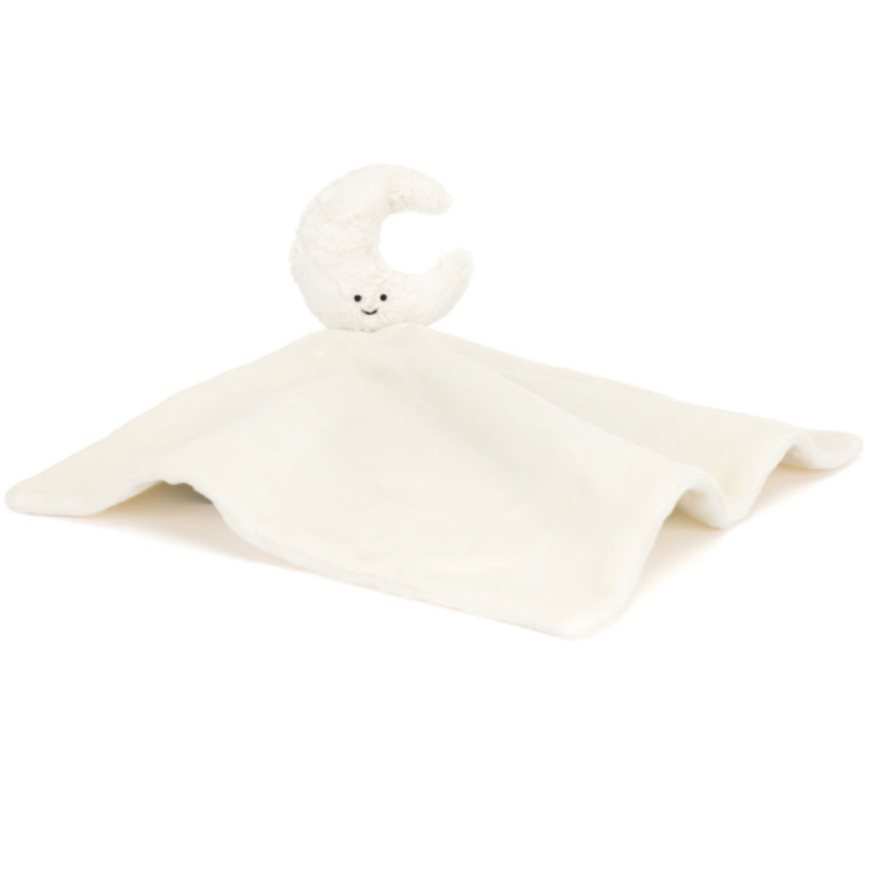 White moon soother with the attached blanket canopied below it on a white background