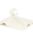 White moon soother with the attached blanket canopied below it on a white background